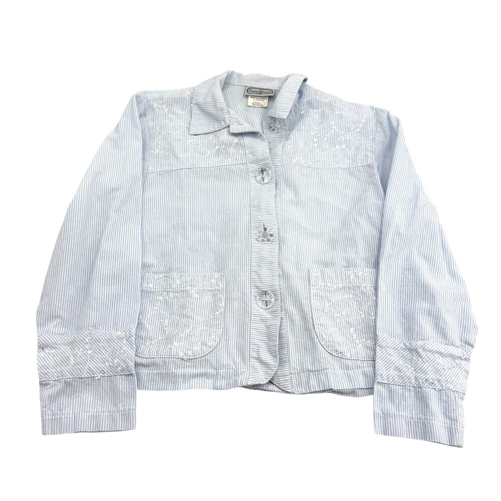 Saint Germain Paris Blue Striped Embroidered Cotton Jacket XSmall‎ Made In USA